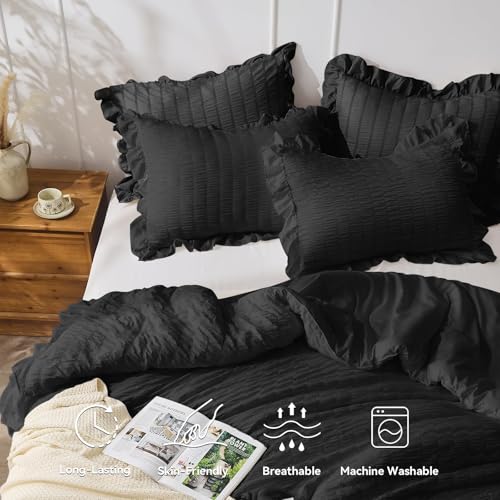 JOLLYVOGUE Black Comforter Full Size, 3 Pieces Seersucker Lightweight Full Size Bedding, All Season Fluffy Microfiber Bedding Comforter Set with 1 Ruffle Comforter and 2 Ruffle Pillowshams