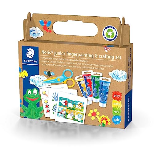 STAEDTLER Fingermalfarben und Bastel Set Noris junior, 4 Tuben Fingerfarbe in sortierten Farben, Sicherheitsschere und Bastelanleitungen, dermatologisch getestet, 61 C2