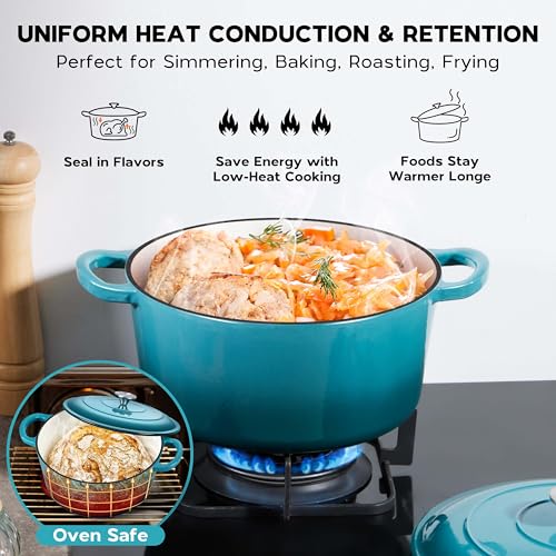 Onader Enameled Cast Iron Dutch Oven, 6 QT Dutch Oven Pot with Lid, Heavy Duty Cookware for Sourdough Bread Baking - Dark Cyan
