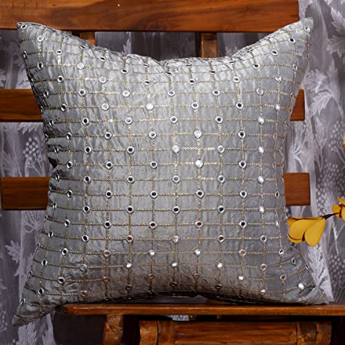 Image of Silver Decorative Cushion Covers 20x20 inches Set of 2, Embroidered Pillow Covers, Luxury Throws for Sofa and Couch, Festive Cushion Cover