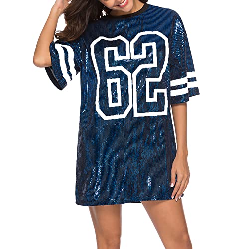 Nagfar Women Sequin Football Jersey Dress Birthday Party Short Sleeve Sports Casual Dress Sexy Club Night Out Clubwear(S1666,Blue,S)