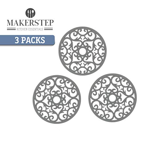 Makerstep Silicone Trivet Mat 3 Set In Heart Design Trivets. Hot Pan Holder Hot Pads For Countertop & Table. Non Slip, Serving Dishes Plates. Dishwasher Safe, Heat Resistant Kitchen Gadgets, Gray #TOP1