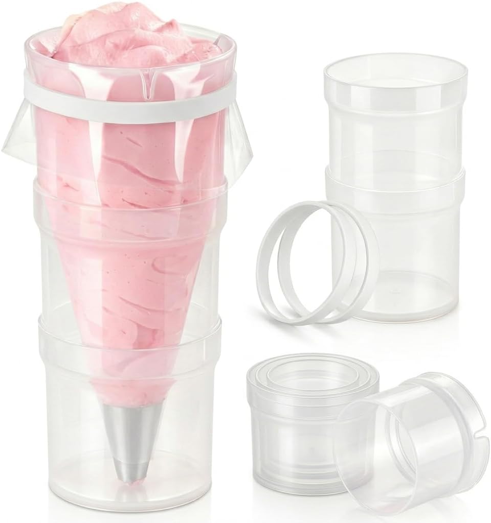 Stackable Piping Bag Holder Stand - Height Adjustable Cake Decorating Tools for Hands-Free Filling, BPA-Free Pastry Bag Stand with Secure Rubber Bands for Royal Icing, Frosting & Batter