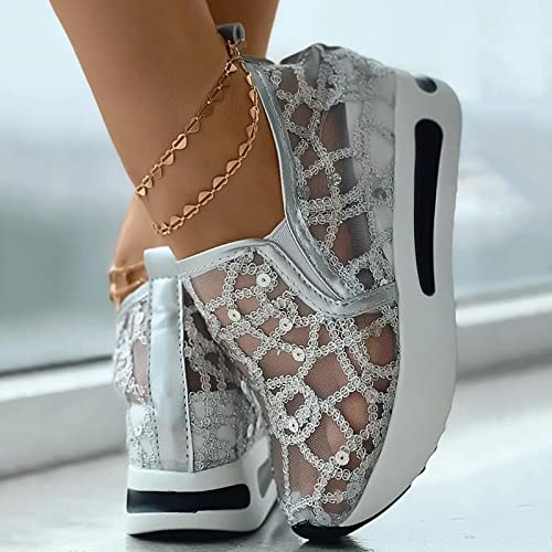 Floral Embroidery Sneakers for Women 2025 Platform Wedge Shoes Breathable Sheer Mesh Lace Fashion Sneakers with Arch Support Womens Slip On Loafers Comfortable Casual Walking Shoes3
