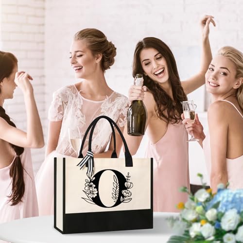 Image of Tecanne Personalized Initial Canvas Tote Bag, Suitable for Birthday, Wedding, Beach, Holiday, Gifts for Women, Mom, Teachers, Nurses, Best Friends, Bridesmaids (O)