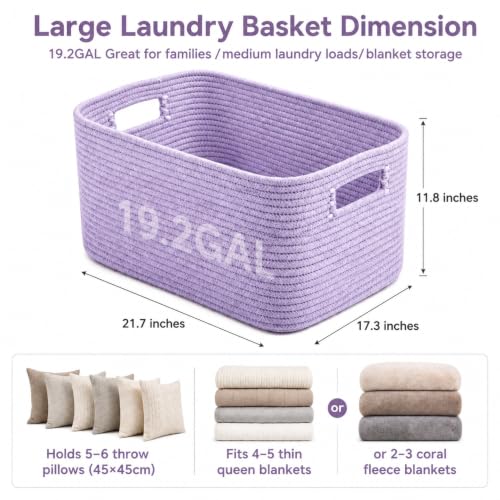 Image of 19.2GAL Sturdy Large Laundry Basket with Handles for Dirty Clothes, Portable Aesthetic Boho Cute Woven Storage Blanket Baskets for Living Room Decor and throws pillows Kids Toys Bath Towle Lavender