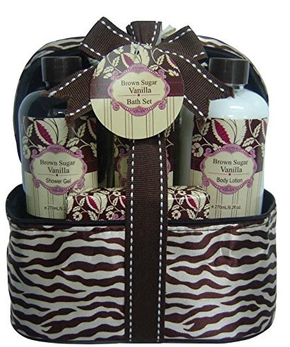 Luxury Bath & Body Spa Gift Set - Brown Sugar Vanilla Bath Sponge, Body Lotion, Shower Gel Body Splash and Zippered Carry Pouch