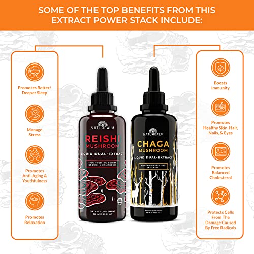 Naturealm Chaga & Reishi Mushroom Extract - Adaptogen Stack For Focus, Immunity, Longevity, Stress Relief, Gut Health, Anti-Aging, Energy & More - Organic Liquid Drops - 50 Ml Each (2 Pack) #TOP4