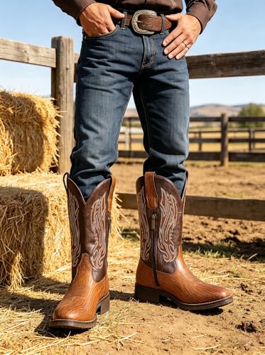 Image of Jousen Cowboy Boots for Men Embroidery Men's Western Boots Retro Square Toe Mens Boot Botas Vaqueras Para Hombre
