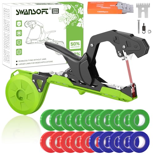 SWANSOFT Plant Tying Machine Lightweight Plant Vine Tying Tape Machine Tool Planting Tape Gun for Tomatoes Grapes and Vegetable Garden Come with 10000pcs Staples 20 Rolls (Green-New)