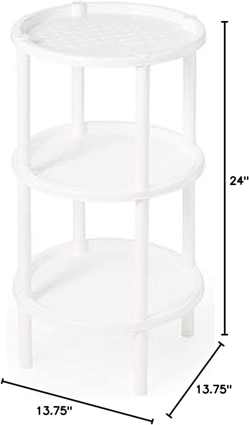 Sana Enterprises 3 Tier Shelf, End, Bed or Display Table, Self-Standing Shelving for Bathroom Toiletries, Storage and Organization. 13 ¾” Diameter, 24” Height, 9 ¼” Space Between Shelves. (White)