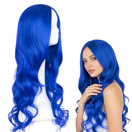 1 PCS Blue Wigs for Women Long 27 Wave Blue Curly Wig for Women Synthetic Simple Hair Styling Headband Wigs Womens Curly Hair Wig for Daily Wear and Parties (Royal Blues)