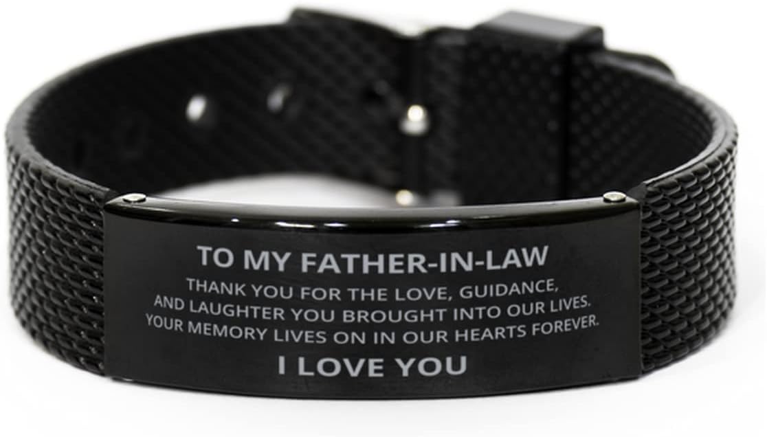 to My Father-in-Law Remembrance Black Shark Mesh Bracelet, Thank You for The Love, Guidance, and Laughter, Best Memorial Gifts for Loss of Loved One, Sympathy Gifts for Men Women