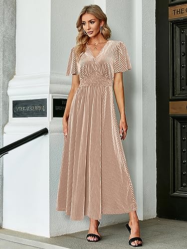 Image of Simplee Women's V Neck Velvet Maxi Dress Short Sleeve Empire Waist Long Formal Dress for Wedding Guest