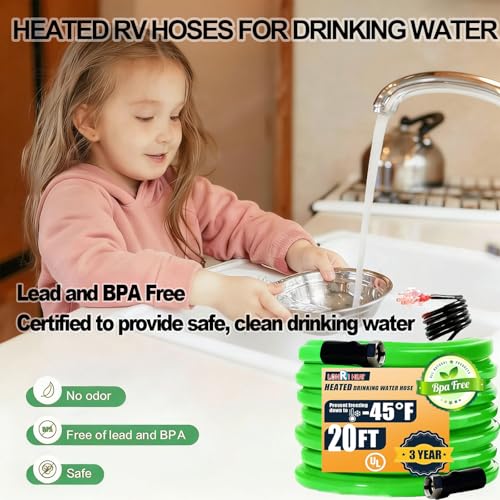 Image of 20FT Heated Water Hose for RV Drinking Water, -45F Freeze Protection & Antifreeze Garden Hose, Lead /BPA Free, with Self-Regulating Heater, 3 /4 inch Adapter & GFCI Plug for RV, Camper, Home Winter