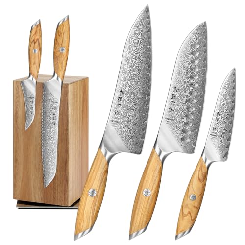 HEZHEN Juego de Cuchillos de Cocina Damasco Profesional de Cuchillos de Chef de Acero Damasco con Soporte para Cuchillos Magnético de Giratorio 360°