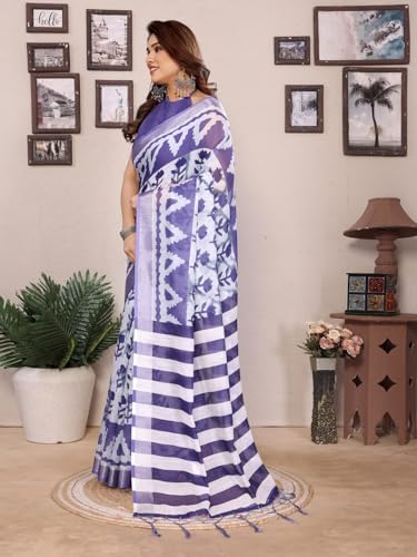 Image of Women's Zari Border Cotton Linen Printed Saree with Blouse