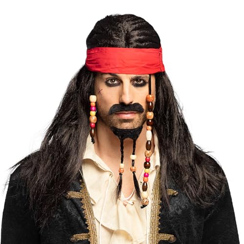 Boland 86343 - Peruca pirata tobias com lenço, barba, bigode e pérolas, cabelo artificial, penteado, bandido, ladrão, capitão, acessório, festa temática, carnaval