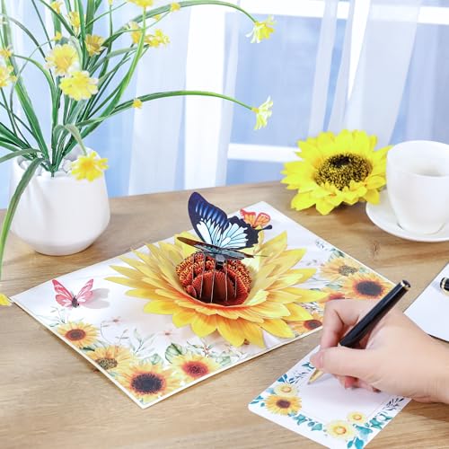 Image of Sunflower Pop Up Birthday Card, 3D Blue Butterfly Card for Women, Wife