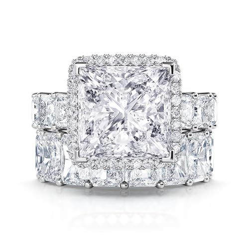 Jeulia 2 PC Radiant Cut Wedding Ring Set for Women; 925 Sterling Silver 3.2ct Cushion Cut Three Sided Pave Eternity Ring Cubic Zirconia Engagement Anniversary Bridal Set with Jewelry Gift Box