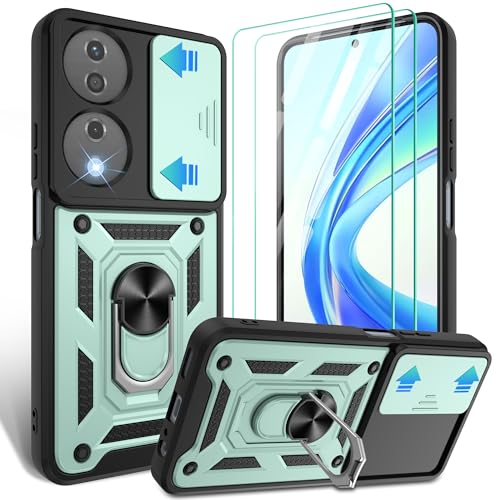 for Honor X7b Phone/Honor 90 Smart 5G Case with HD Screen Protector×2 with Slide Camera Cover & Rotation KickstandMilitary Shockproof Rugged Shockproof Protective Design for Honour X7bGreen
