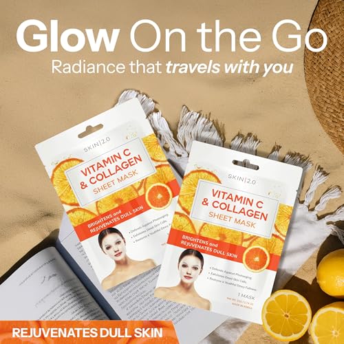 Image of Skin 2.0 Vitamin C & Collagen Sheet Mask - Anti-Aging, Wrinkle & Age Spot Reducer, Hydrating & Moisturizing - Dermatologist Tested Korean Skincare, Clean Beauty, All Skin Types - 10 Count