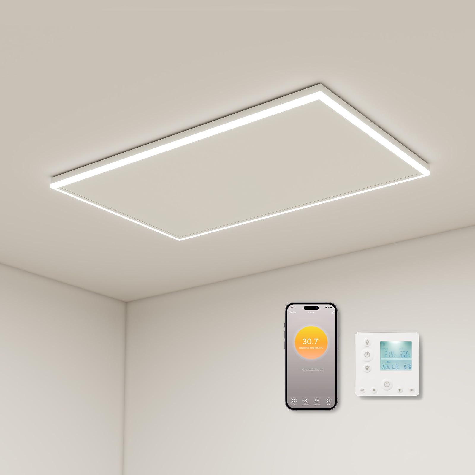 Infrarotheizung Deckenmontage 700 Watt, Deckenheizung Infrarot mit LED Beleuchtung, Infrarotheizung mit Thermostat, App Fernbedienung Steuerung, Decke Elektroheizung Heizplatte Heizkörper Heizpaneel
