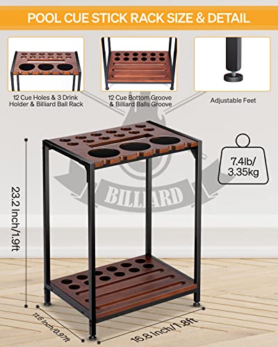 Extcct Billiards Pool Stick Holder - Floor Stand Pool Cue Rack With Ping Pong Paddle Holder - Hardwood Pool Cue Organizer For 12 Cues Sticks And Table Tennis Accessories (Brown) #TOP3