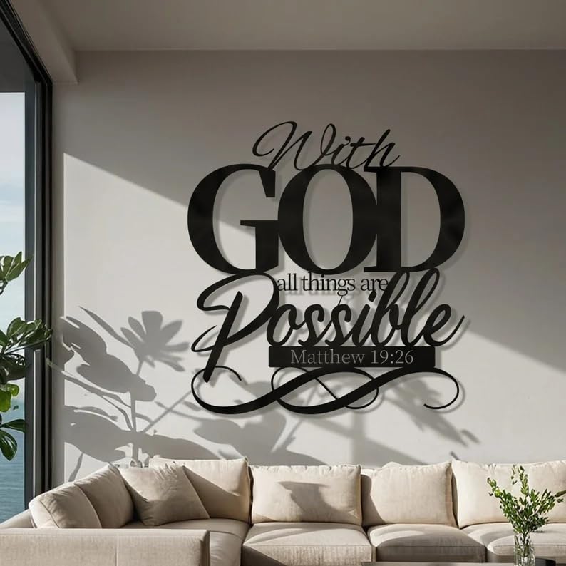 Image of BLIND SHOP Bible Verse Metal Matthew 19:26 Wall Decor for Home Decor | Wall Sculpture Home Decoration | Metal Art | Metal Wall Art | Home Wall Hangings Metal Decor (47 x 45 x 1.5 CM)