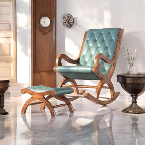 Image of CLASSIC WOOD & CRAFT Elegant Sheesham Wood Rocking Chair for Adults - Upholstered Seat & Backrest with Footrest Stool (Model-WSB-1)