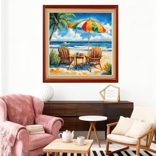 Image of Joyhoor Stamped Cross Stitch Kits for Beginners Needlepoint Kits for Adults Embroidery Kits 11CT Counted Cross Stitch Kits Printed Embroidery Pattern-Seaside Beach 18x18 inch