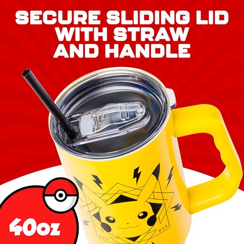 Image of Silver Buffalo Pokemon Lightning Double Walled Stainless Steel Tumbler with Handle Featuring Pikachu, Fits in Standard Cup Holder, 40 Ounces