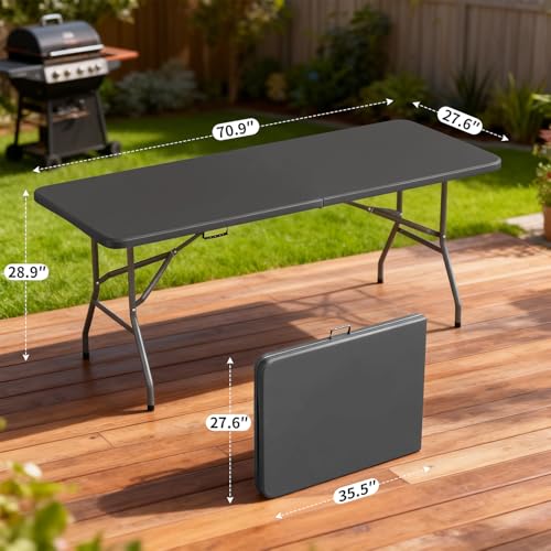 Image of BestOffice 6 FT Picnic Table, Portable Plastic Folding Table with Carrying Handle Perfect for Picnics, Parties, Party and Camping, Grey