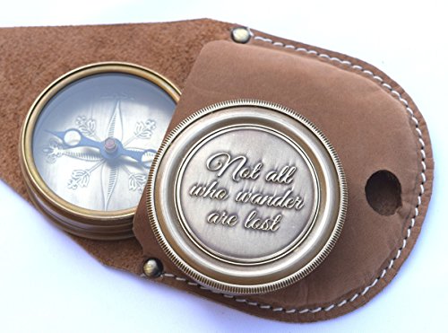 NEOVIVID Not All Who Wander are Lost Engraved Brass Compass with Leather Case, Pirates Compass, Magnetic Navigational Instrument - Thumbnail 3
