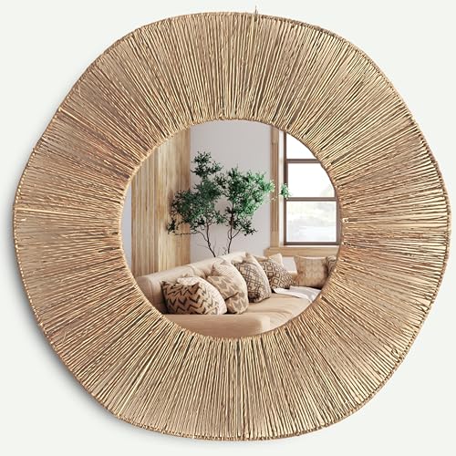 Chi An Home 24 inches Length Extra Large Coastal Boho Wavy Mirror with Natural Jute Metal Frame Farmhouse Wall Decor Bohemian Mirror for Bathroom or Bedroom Handwoven Bohemian Wall Decor