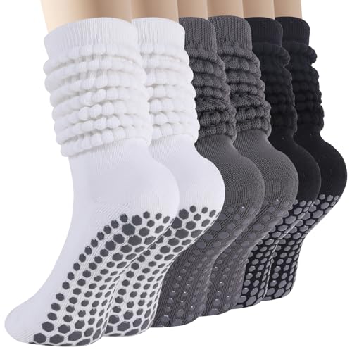 BISOUSOX Pilates Socks Slouch Scrunch Grip Socks, Yoga Grippy Barre Anti Slip Long Ankle Crew Sock for Women Hospital