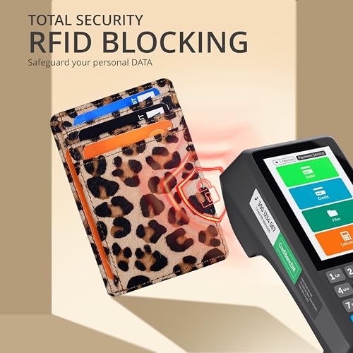 Image of Oak Leathers Leather Slim Minimalist Wallet for Men & Women RFID Front Pocket Leather Card Holder Wallets (Small Leopard)