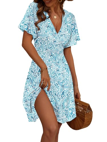 FENSACE Tropical Dresses for Women Empire Waist A Line Summer Paisley Print Vacation Outfits(Blue White Paisley-73,Medium)