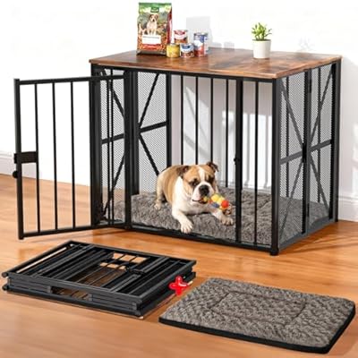 Dog Crate Furniture Foldable with Dog Bed Mat, ...