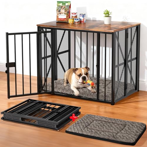 Muebles plegables para perros con alfombrilla de cama para perro, sin montaje, perrera decorativa para interiores, cajas resistentes para perros pequeños (menos de 25 libras), jaula de madera para