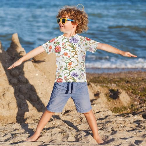 ALAZA Kids Rash Guard Girls Toddler Swim Shirts Short Sleeve European White Flowers UPF 50+ 3T4