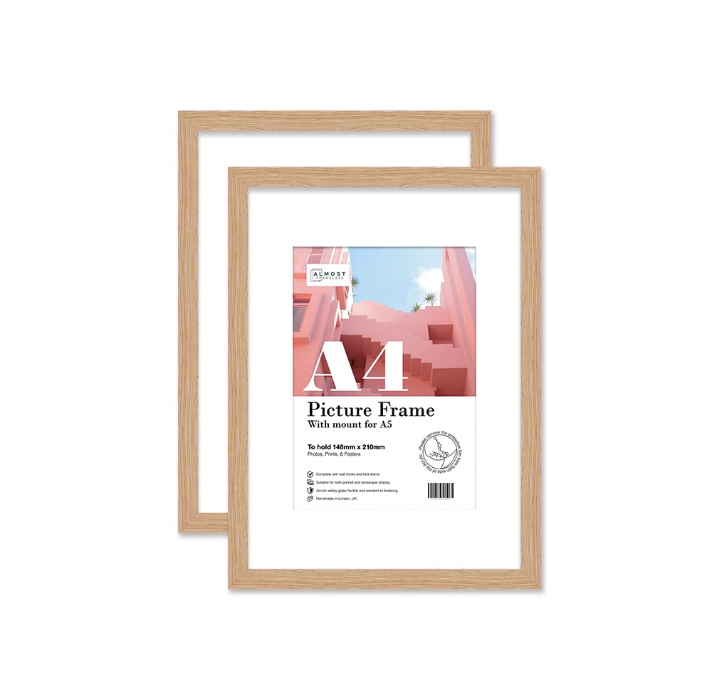Almost Frameless A4 Oak Picture Frame Set of 2, Display A5 Pictures with Mount or A5 Without Mount Gallery Wall, Poster, Photo, Artwork, or Print, Oak