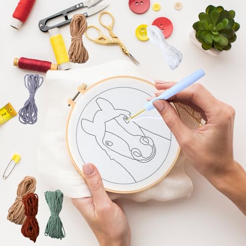 Image of SmoothNovelty Horse DIY Punch Needle Kits for Beginners with Hoop Embroidery Fabric Instructions Thread Punch Needle Craft Set Easy for Starter Adults and Children Gift Decoration, 20x20cm-4