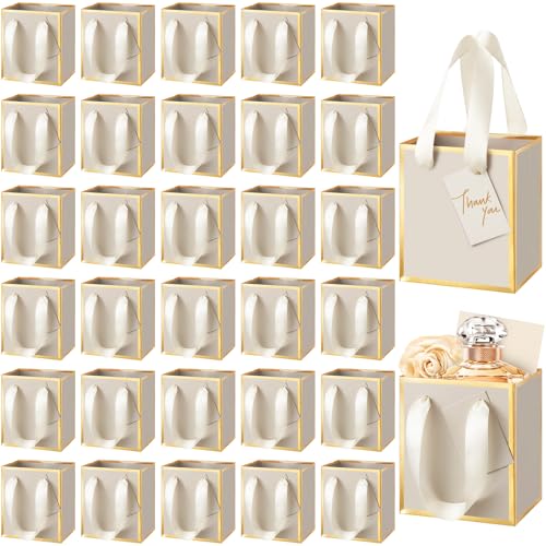 Yeaqee 50 Pcs Mini Paper Gift Bags with Handles Tag, Champagne, Gold