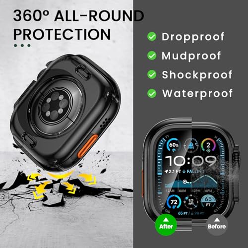 Image of 3 in 1 Goton Waterproof Hard Case for Apple Watch Screen Protector 49mm, 360 Slim Full Protective Tempered Glass Face Cover + Back Hard PC Bumper for iWatch Ultra 3 /Ultra 2 /Ultra, 49mm Matte Black