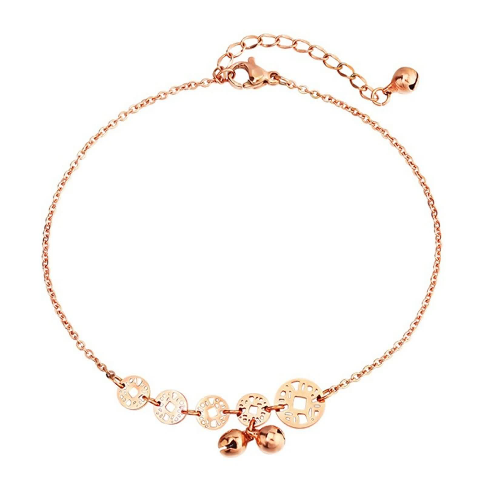 9K Rose Gold 375 Tobillera Boho 30 cm, Au375 oro rosa, campana, hueca, redonda, tobillera para mujer