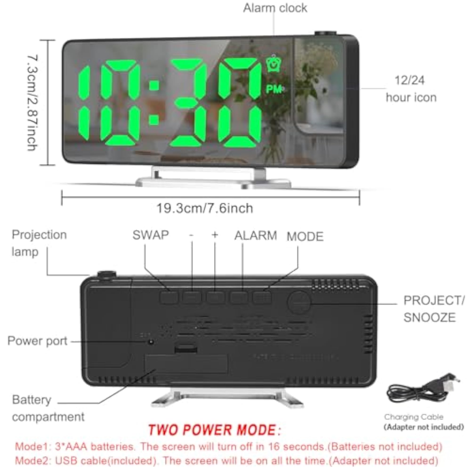 Projection Mirror Alarm Clock with Rotatable Projector
