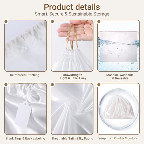 Ewen 7Pcs Dust Bags for Handbags, Satin Travel Dust Cover Bag, 2Pack 11.8x15.7in DustBag for Shoes, 2Pcs 19.6x15.7in Storage, Pack of 3 23.6x19.6in Bag for Purse, White Silk Cloth Bags with Drawstring4