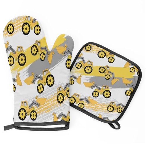 Cartoon Excavator Oven Mitts Kitchen Oven Gloves for Cooking Baking Heat Proof Lining Cotton Kitchen Potholder Mittens Pot Holders Hot Pads for Chef Women Men