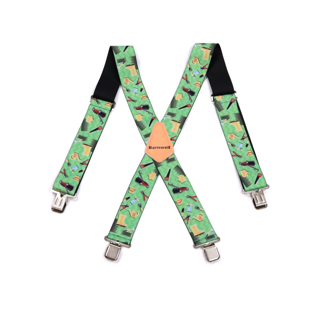 Barnwell Unisex Green Gardening Trouser Braces Suspenders Heavy Duty Metal Clips 50Mm Wide Adjustable Elastic Work Lawn Mower Spade